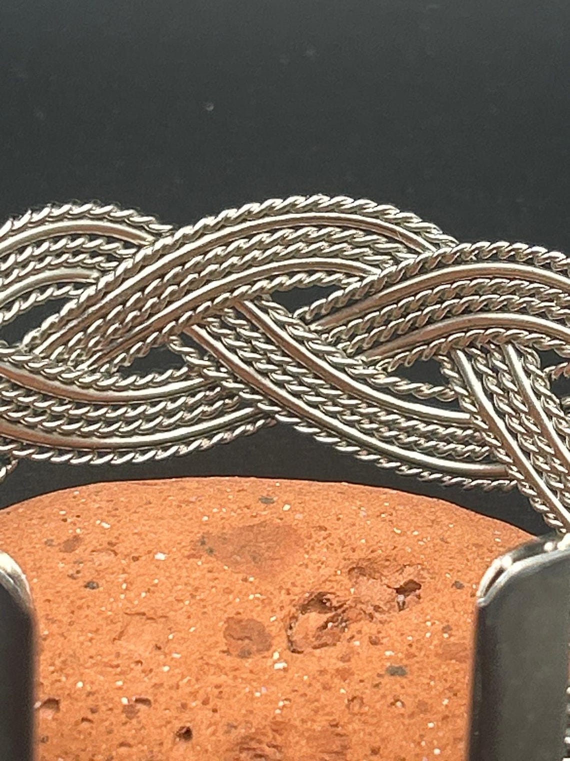 Vintage Silver Tone Braided Wire Cuff Bracelet Mixed Texture Open Bangle Adjust, photo 5 of 5