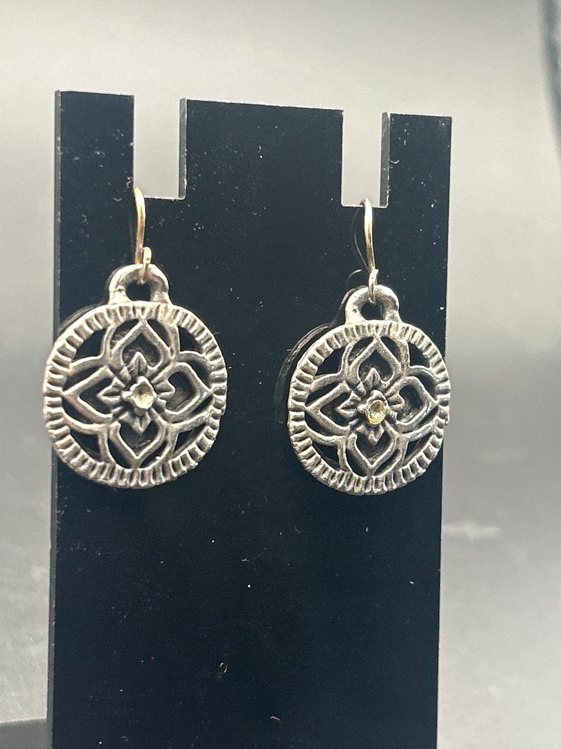 Vintage Silver Tone SE Asian Style Embossed Floral Disc Dangle Earrings, photo 2 of 7