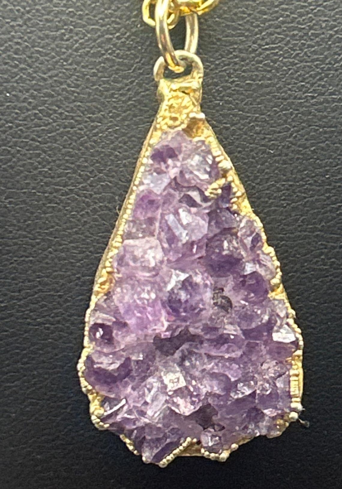 Vintage Premier Designs Amethyst Druzy Pendant Necklace 24" Gold Tone Crown Logo, photo 2 of 7