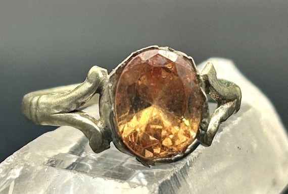 Vintage Afghan Kuchi Kochi Tribal Ring Brass Orange Glass Stone Size 8.5 Boho
