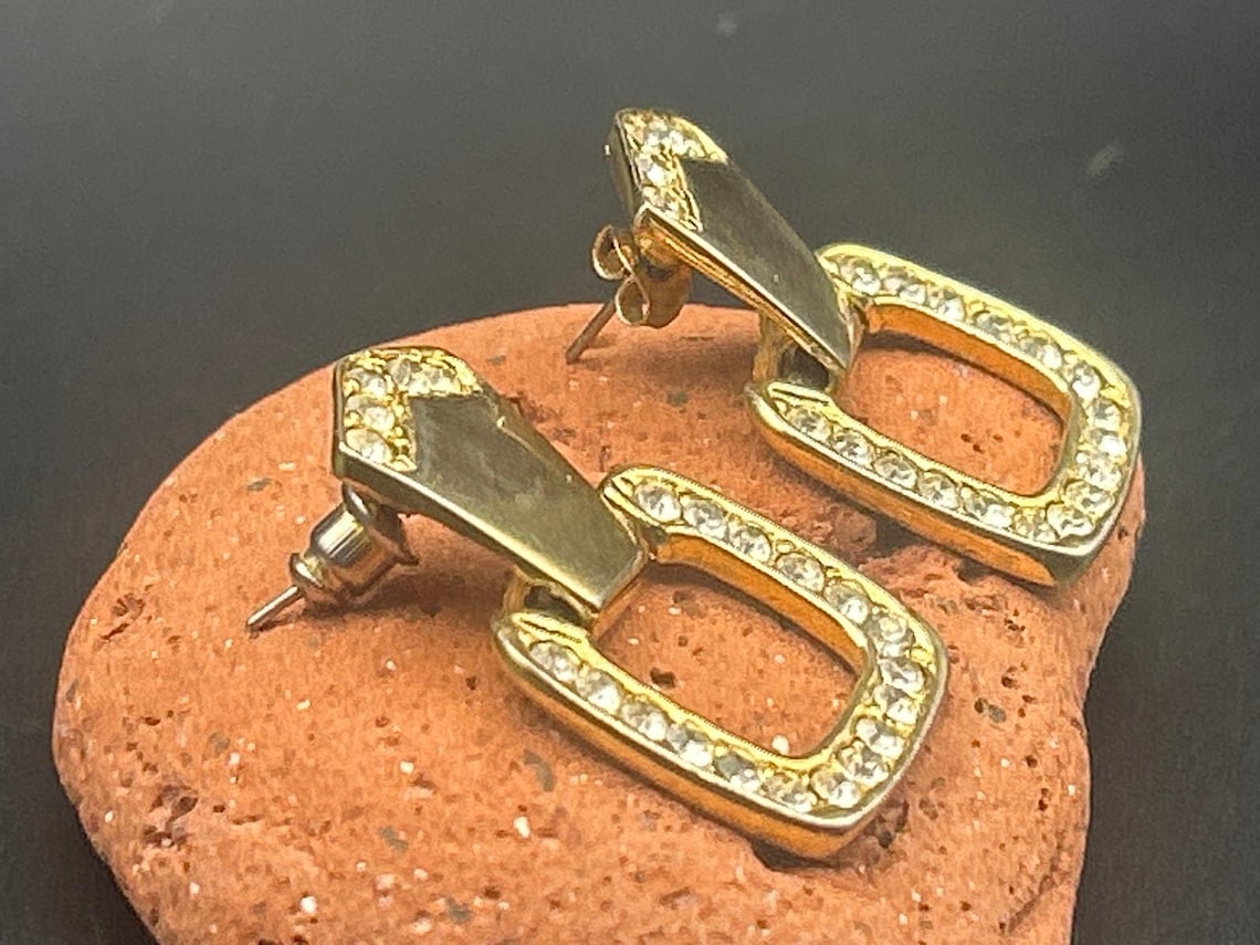 Vintage Gold Tone Pivoting Wire Rhinestone Dangle Drop Floating Earrings Y2K 90s, photo 3 of 6