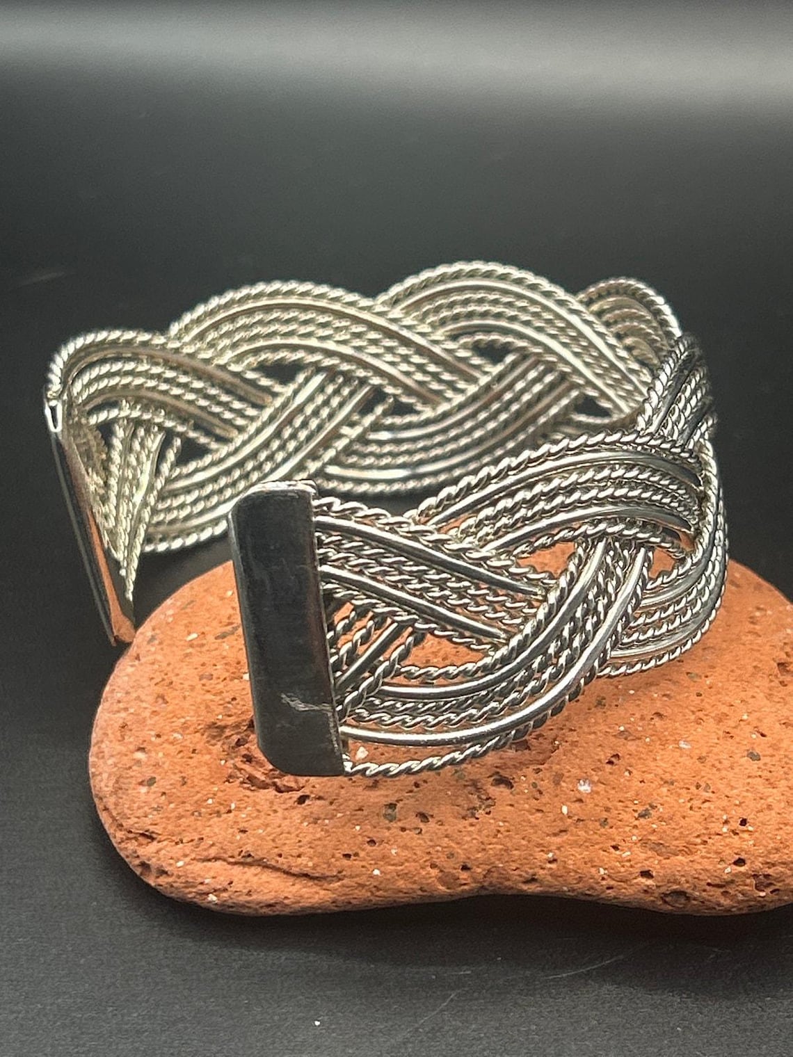 Vintage Silver Tone Braided Wire Cuff Bracelet Mixed Texture Open Bangle Adjust, photo 4 of 5