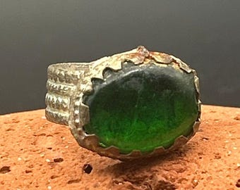 Vintage Afghan Kochi Tribal Ring Hand Poured Green Glass Size 5.5 Nomadic