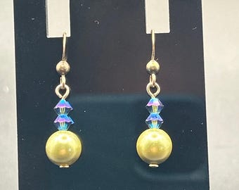 Handmade Olive Green Faux Pearl AB Crystal Bead Drop Dangle Earrings