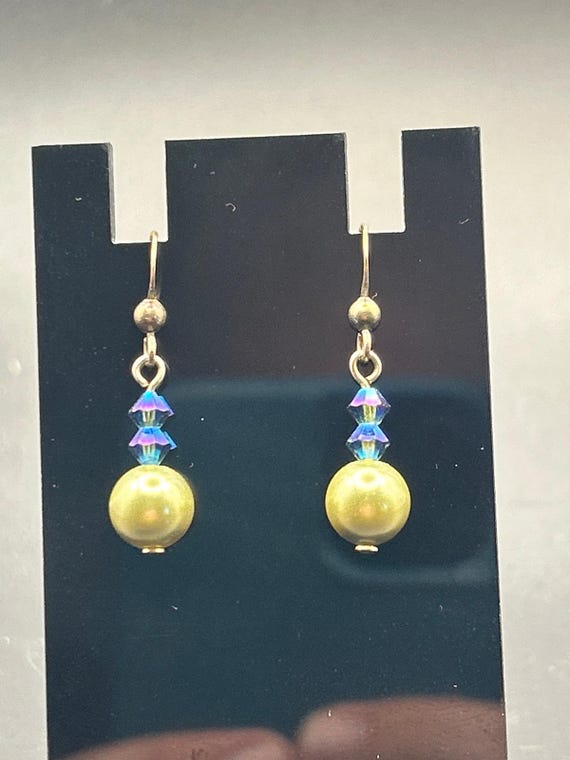 Handmade Olive Green Faux Pearl AB Crystal Bead Drop Dangle Earrings