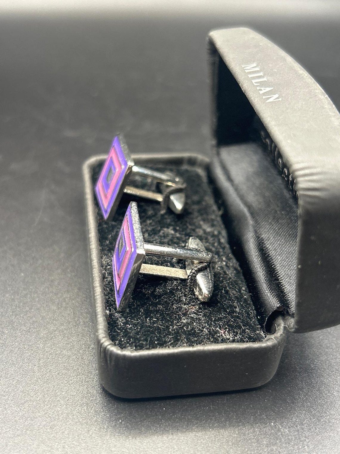 Vintage Milan Collection Cufflinks | Retro Purple Pink Nested Geometric Boxed, photo 5 of 8