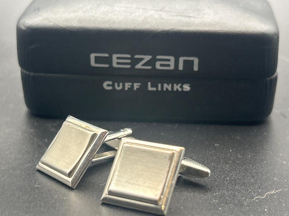 Vintage Cezan Silver Tone Cufflinks | Retro Modernist Bar Geometric Boxed, photo 3 of 5