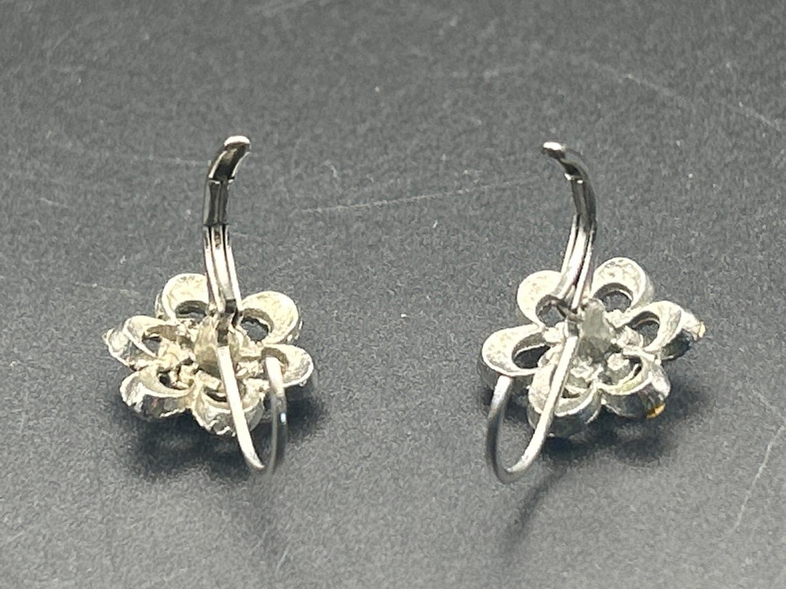 Vintage Silver Tone Pink Rhinestone Floral Dangle Drop Earrings, photo 4 of 6