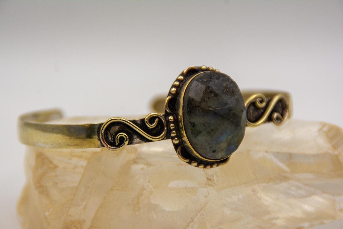 Blue Flash Labradorite Cuff | Gold Over Sterling Silver Boho Bracelet, photo 4 of 9