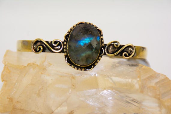 Blue Flash Labradorite Cuff | Gold Over Sterling Silver Boho Bracelet