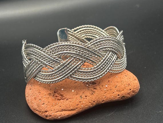 Vintage Silver Tone Braided Wire Cuff Bracelet Mixed Texture Open Bangle Adjust