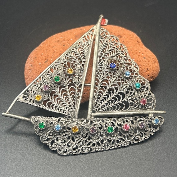 Vintage Silver Tone Filigree Sailboat Brooch Rhinestone Nautical Pin 3x3"