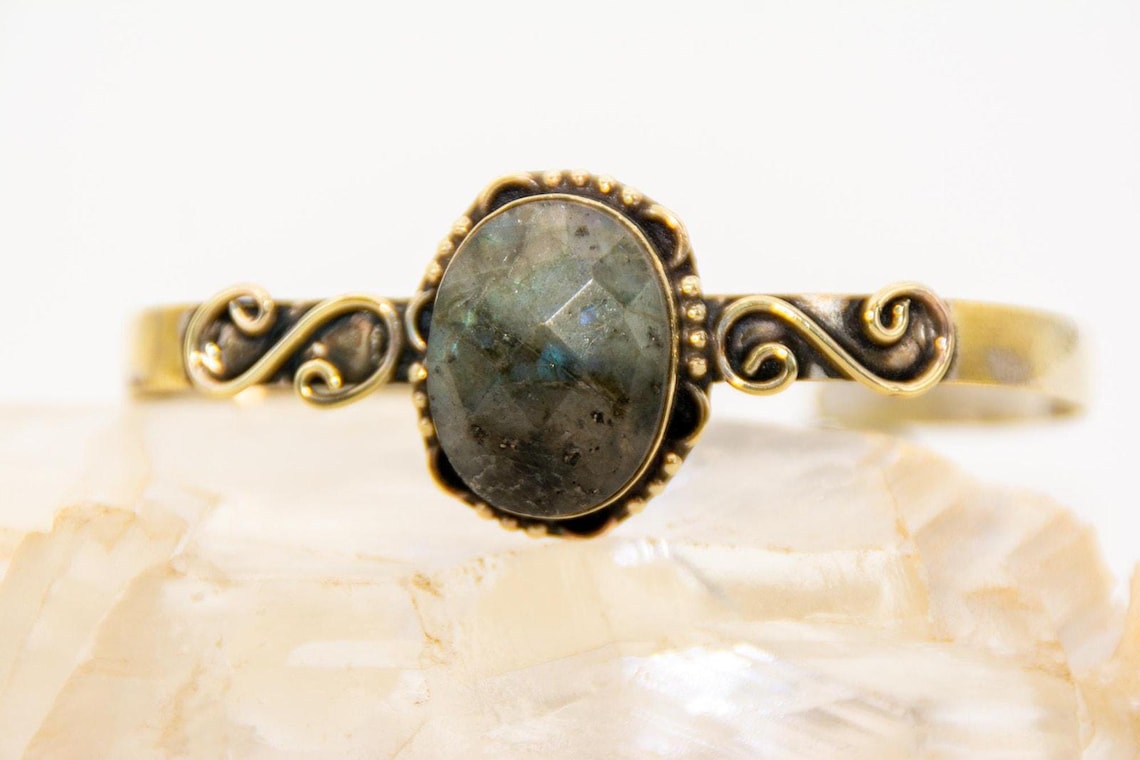 Blue Flash Labradorite Cuff | Gold Over Sterling Silver Boho Bracelet, photo 2 of 9