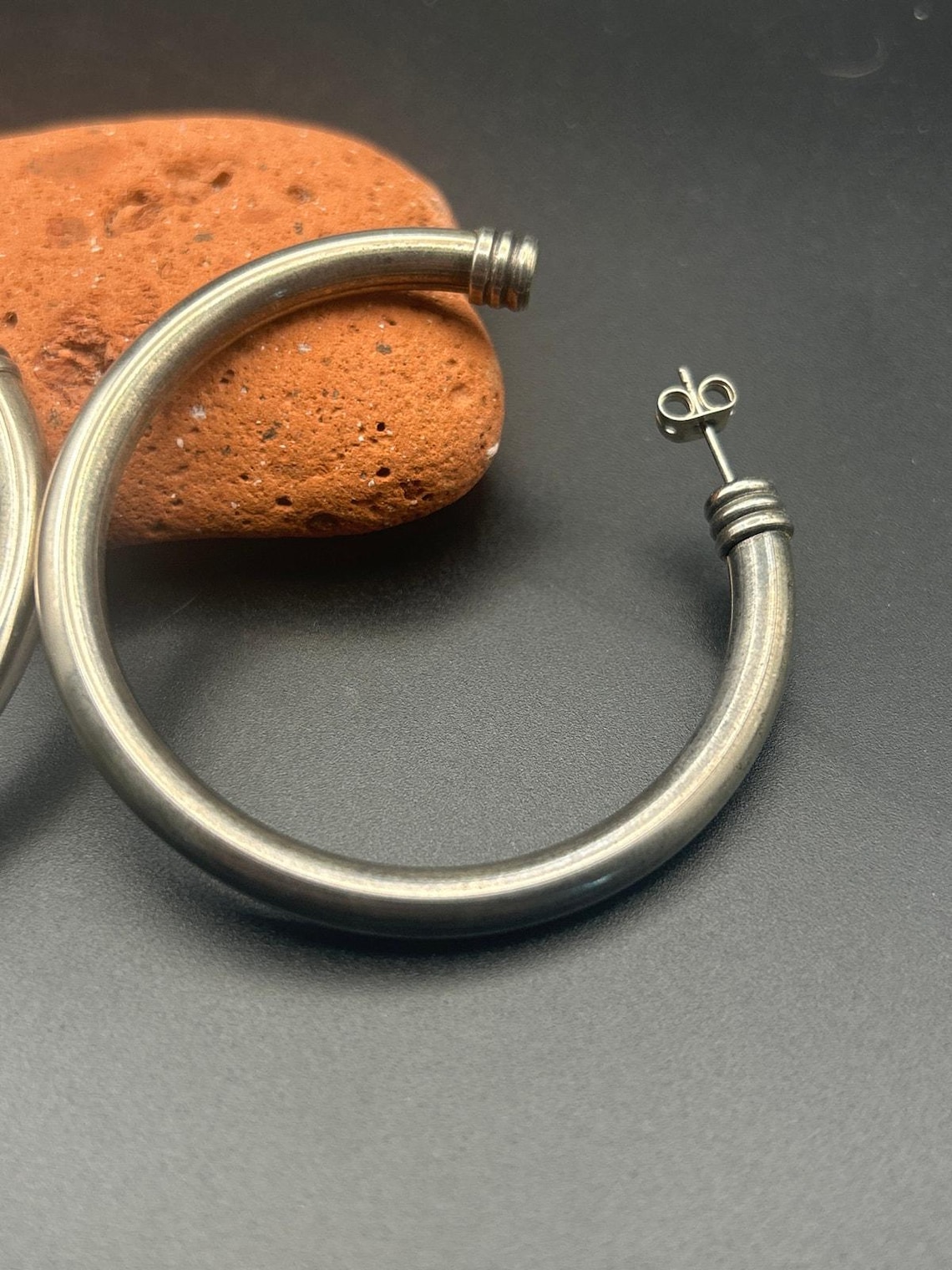 Vintage Silver Tone Wire Wrapped Cuffed Open Hoop Earrings 2 Inch, photo 4 of 6