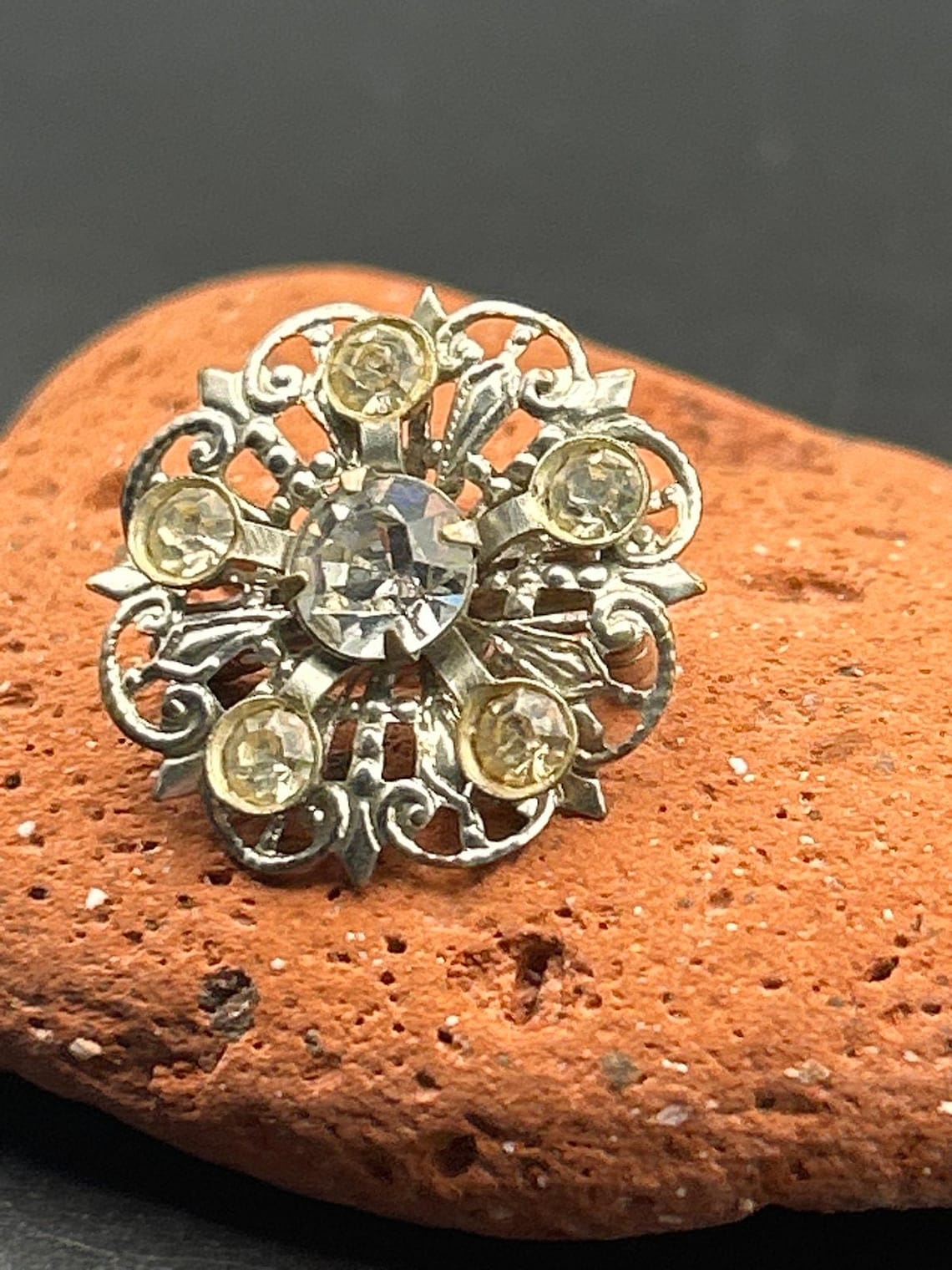 Vintage Mid Century Silver Tone AB Rhinestone Flower Brooch | 1960s Aurora Pin, photo 2 of 5