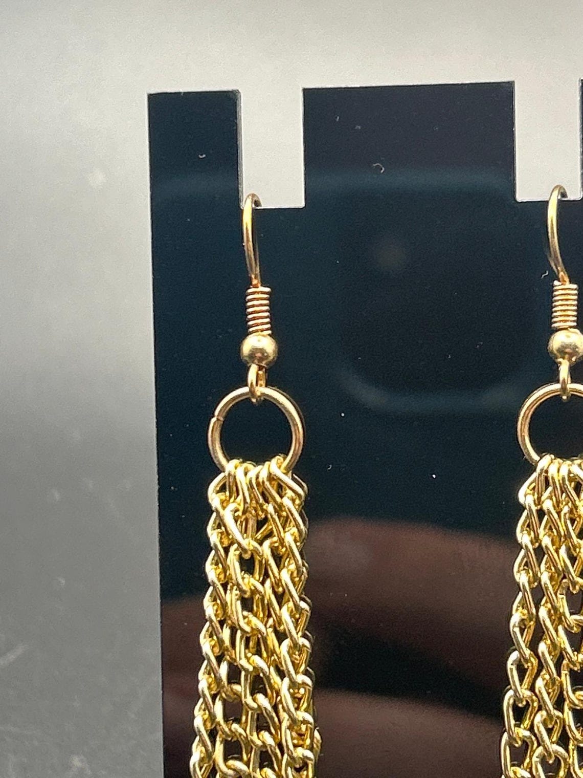 Vintage Gold Tone Multi Strand Fringe Chain Tassel Dangle Earrings, photo 4 of 6