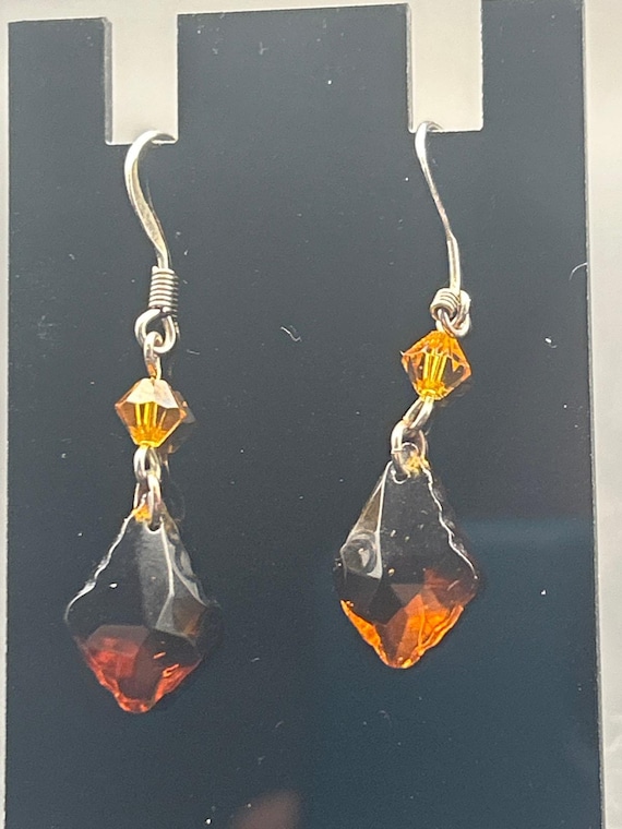 Vintage Amber Faceted Dangle Earrings | Orange Bead Diamond Drop