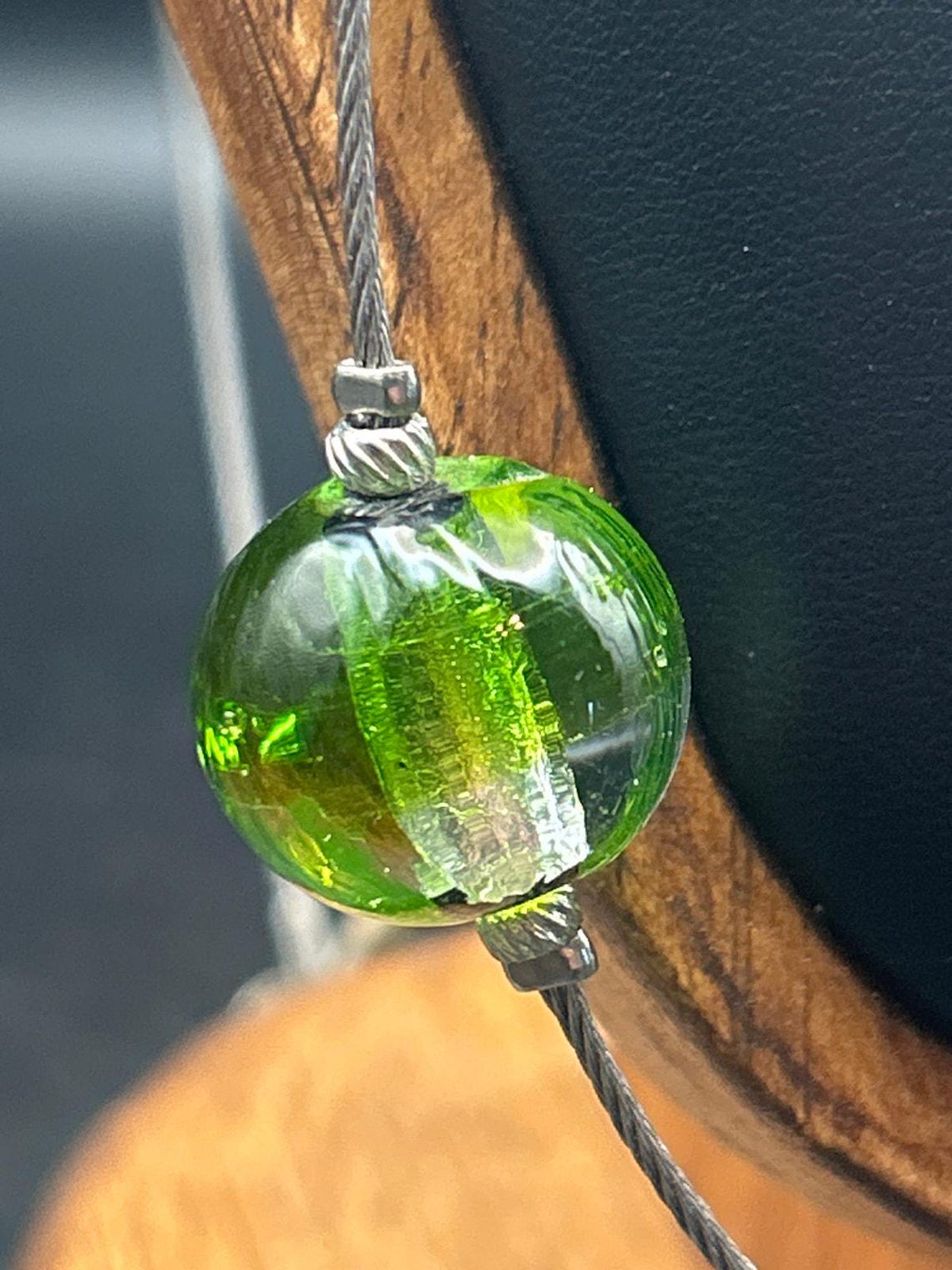 Handmade Green Swirl Glass Marble Pendant Necklace | 30" Long Steel, photo 2 of 4