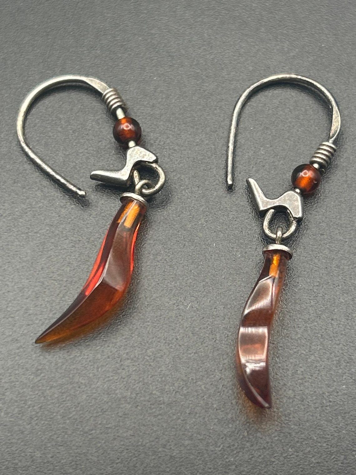 Vintage 925 Sterling Silver Squiggle Earrings | Amber Carnelian Teardrop, photo 4 of 6