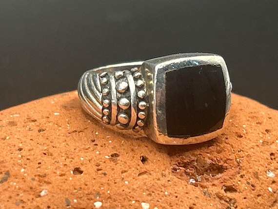 Vintage 90s Sterling Silver Black Onyx Statement Ring Size 7 Thailand 925 Ribbon
