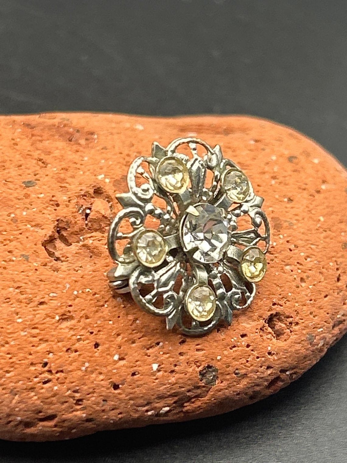 Vintage Mid Century Silver Tone AB Rhinestone Flower Brooch | 1960s Aurora Pin, photo 3 of 5