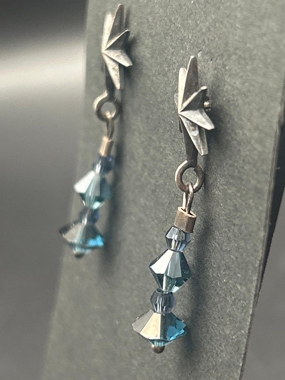 Vintage Sterling Silver 925 North Star Blue Crystal Dangle Drop Post Earrings, photo 2 of 4