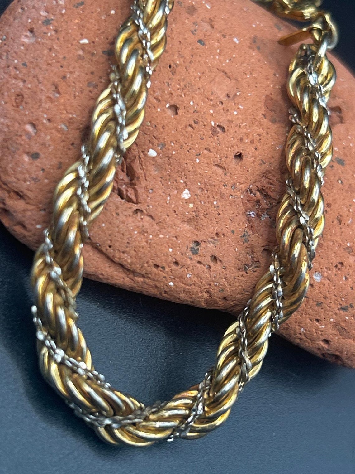 Vintage Monet Gold and Silver Tone Rope Bracelet Two Tone Twisted Chain 6.5", photo 3 of 5