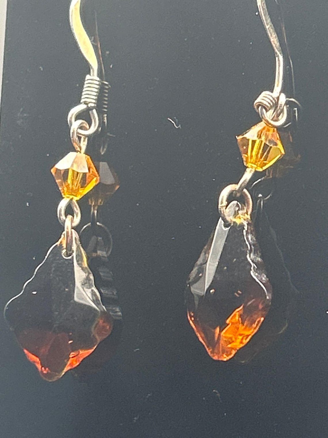 Vintage Amber Faceted Dangle Earrings | Orange Bead Diamond Drop, photo 2 of 6