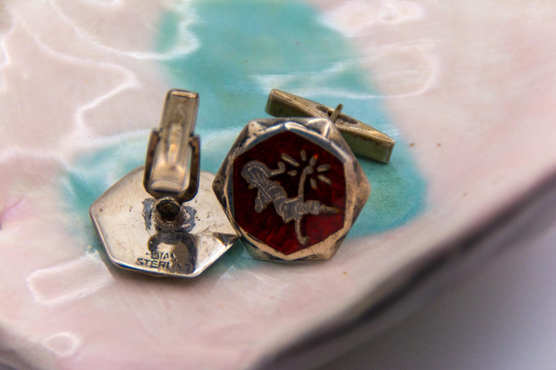 Vintage Siam Sterling Mekhala Niello Cufflinks Goddess Lightning Art Deco Thai pre-1939, photo 2 of 5