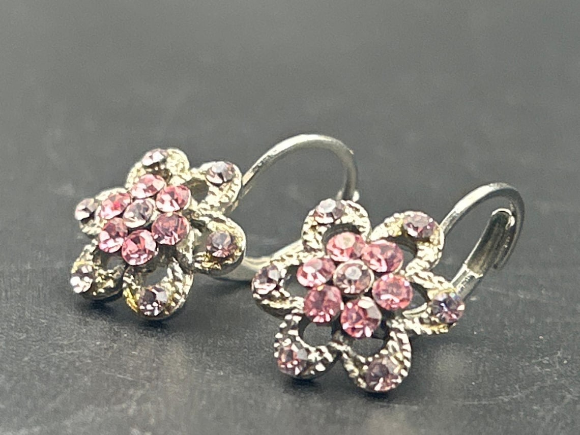 Vintage Silver Tone Pink Rhinestone Floral Dangle Drop Earrings, photo 3 of 6