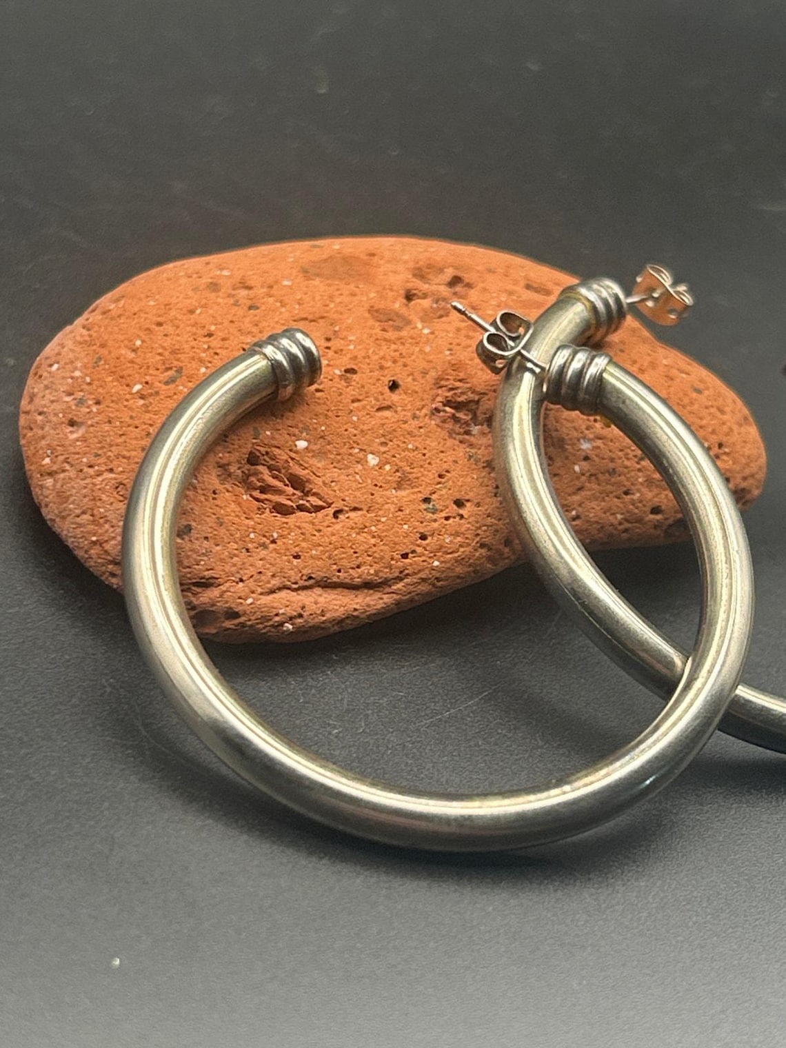 Vintage Silver Tone Wire Wrapped Cuffed Open Hoop Earrings 2 Inch, photo 2 of 6