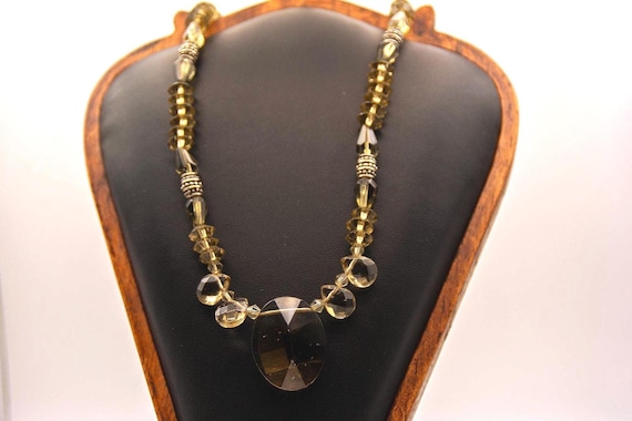 Vintage Smokey Quartz Silver Bead Necklace 16" Graduated Faceted Statement