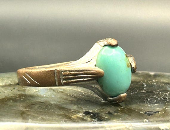 Vintage Afghan Kuchi Tribal Ring Brass Turquoise Stone Size 10 Two Tone Boho