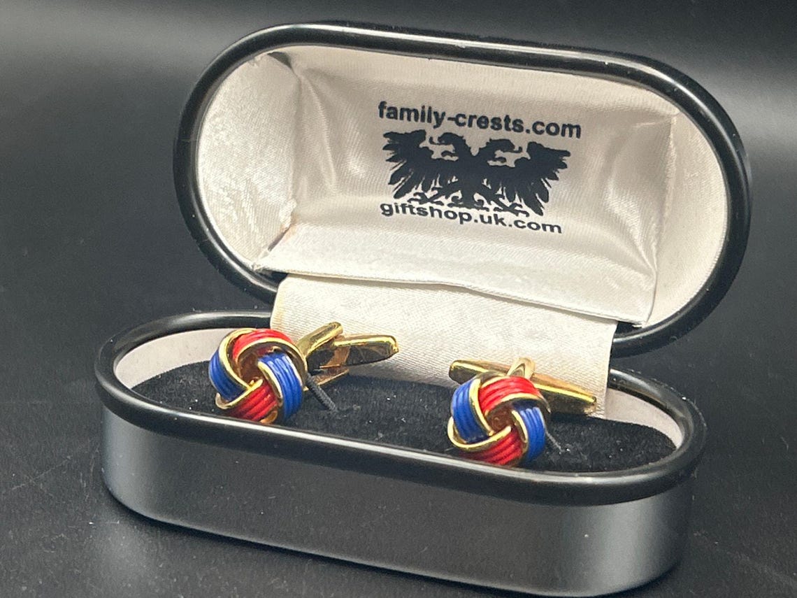 Vintage Red Blue Enamel Love Knot Cufflinks | Gold Tone Boxed Wedding Gift Dad, photo 3 of 5