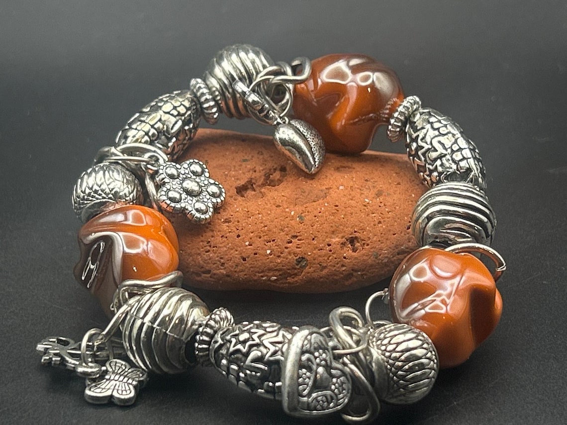Vintage Orange Beaded Charm Bracelet | Silver Tone Heart Butterfly Dragonfly, photo 4 of 6