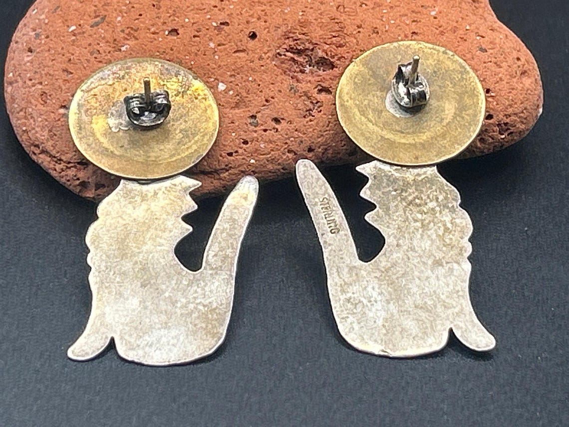 Vintage Sterling Silver Howling Wolf Full Moon Stud Earrings 925 Artisan Post, photo 4 of 6