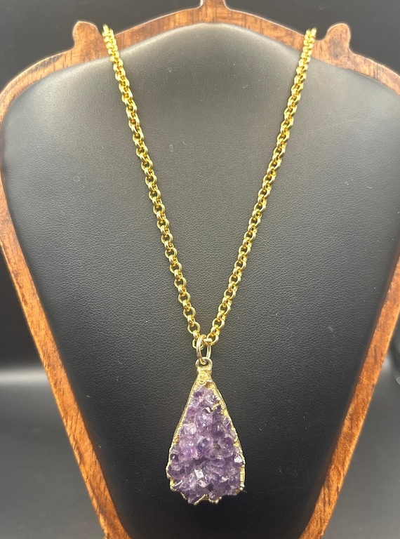 Vintage Premier Designs Amethyst Druzy Pendant Necklace 24" Gold Tone Crown Logo