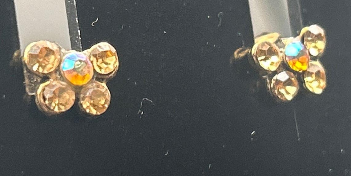 Vintage Gold Tone AB Crystal Cluster Spiral Earrings Iridescent Dangle Drop, photo 2 of 5