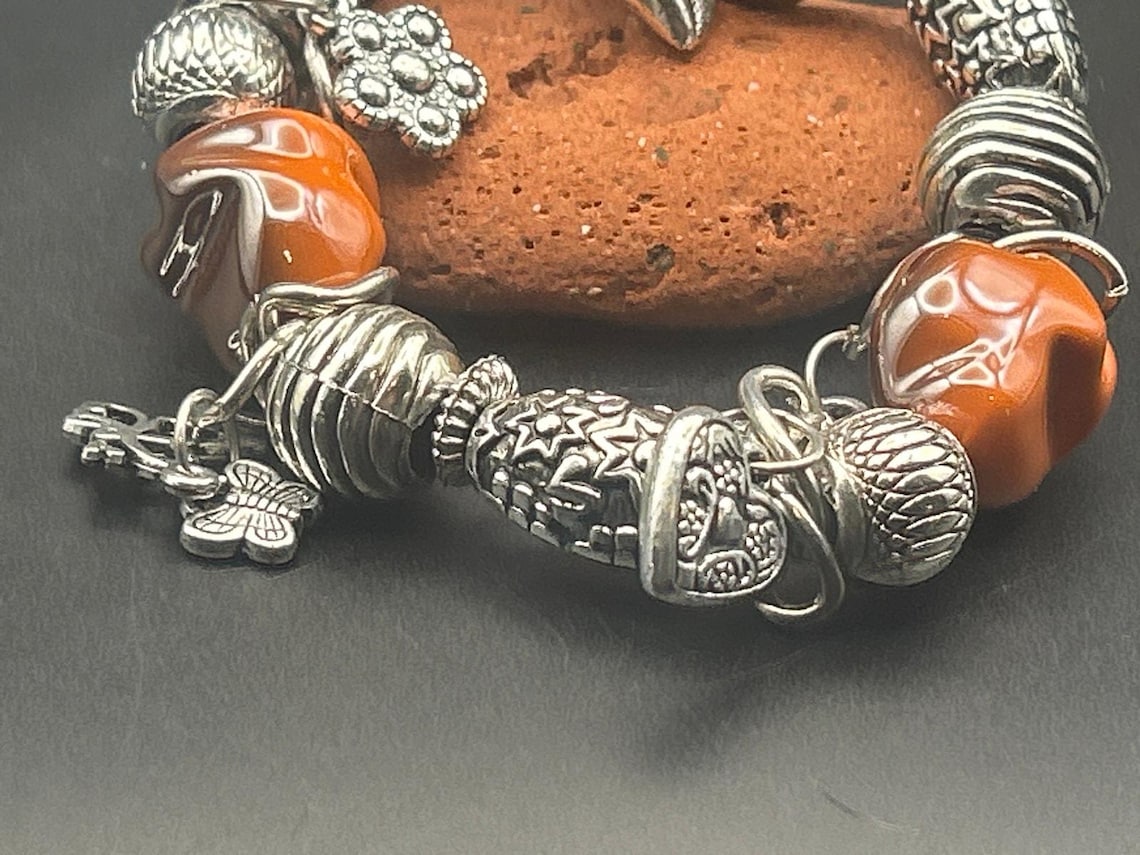 Vintage Orange Beaded Charm Bracelet | Silver Tone Heart Butterfly Dragonfly, photo 6 of 6