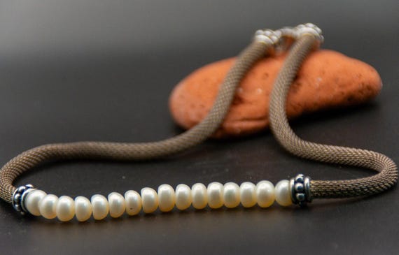 Vintage Pearl Mesh Necklace, Heavy 925 Sterling Silver Popcorn Choker PAJ