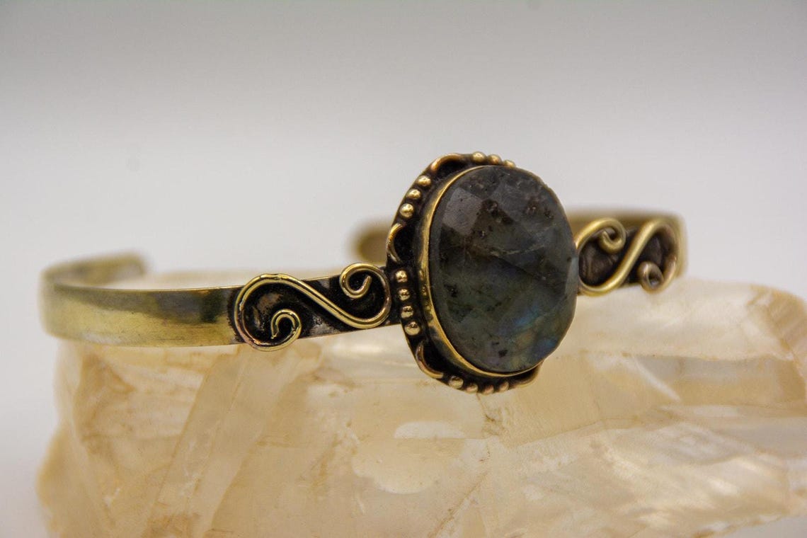 Blue Flash Labradorite Cuff | Gold Over Sterling Silver Boho Bracelet, photo 5 of 9