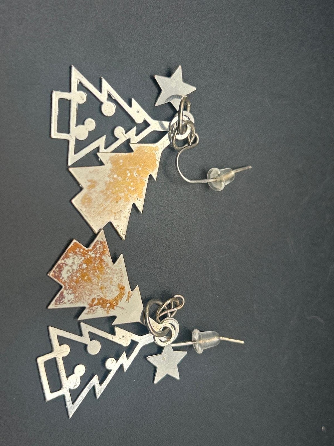 Christmas Tree Enamel Silver Tone Triple Layer Dangle Earrings Holiday Xmas, photo 4 of 6