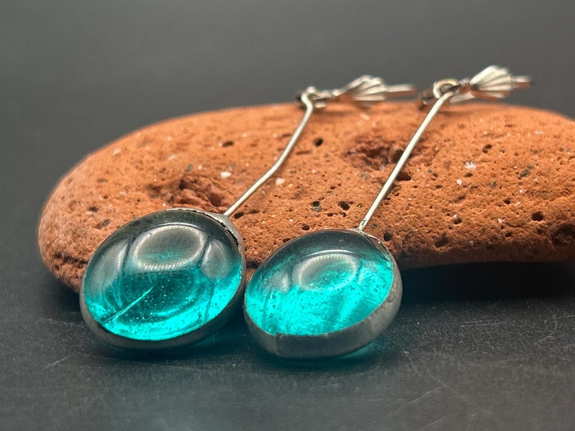 Handmade Fused Glass Drop Earrings Teal Blue Green Art Glass Dangle, photo 2 of 5
