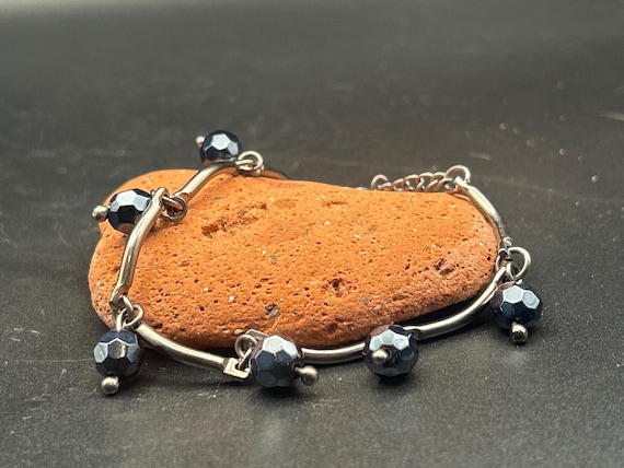Vintage Silver Tone Adjustable Dark Navy Beaded Chain Bracelet