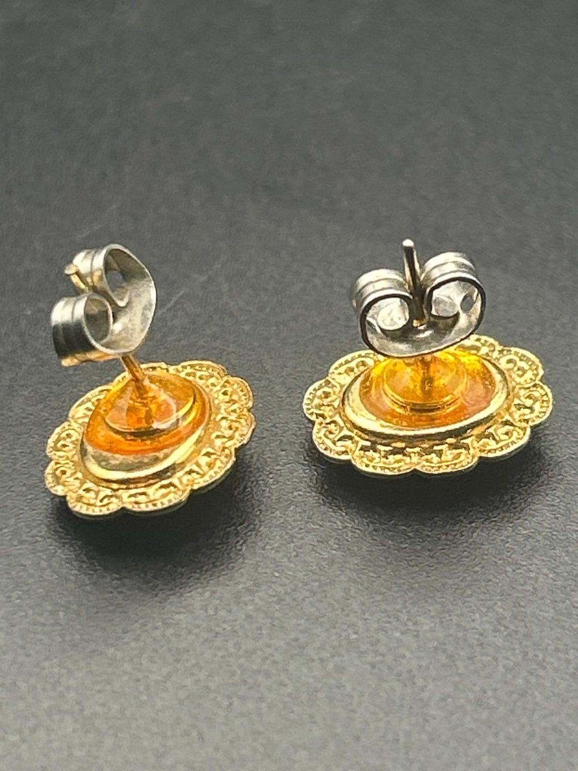 Vintage Faux Jade Cabochon Stud Earrings | Gold Tone Scalloped Floral, photo 4 of 4