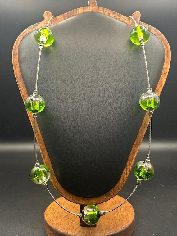 Handmade Green Swirl Glass Marble Pendant Necklace | 30" Long Steel