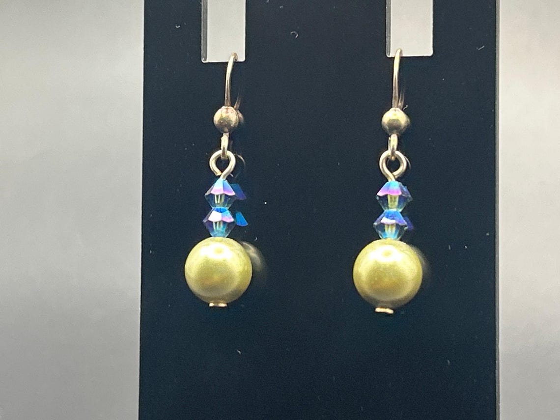 Handmade Olive Green Faux Pearl AB Crystal Bead Drop Dangle Earrings, photo 3 of 4