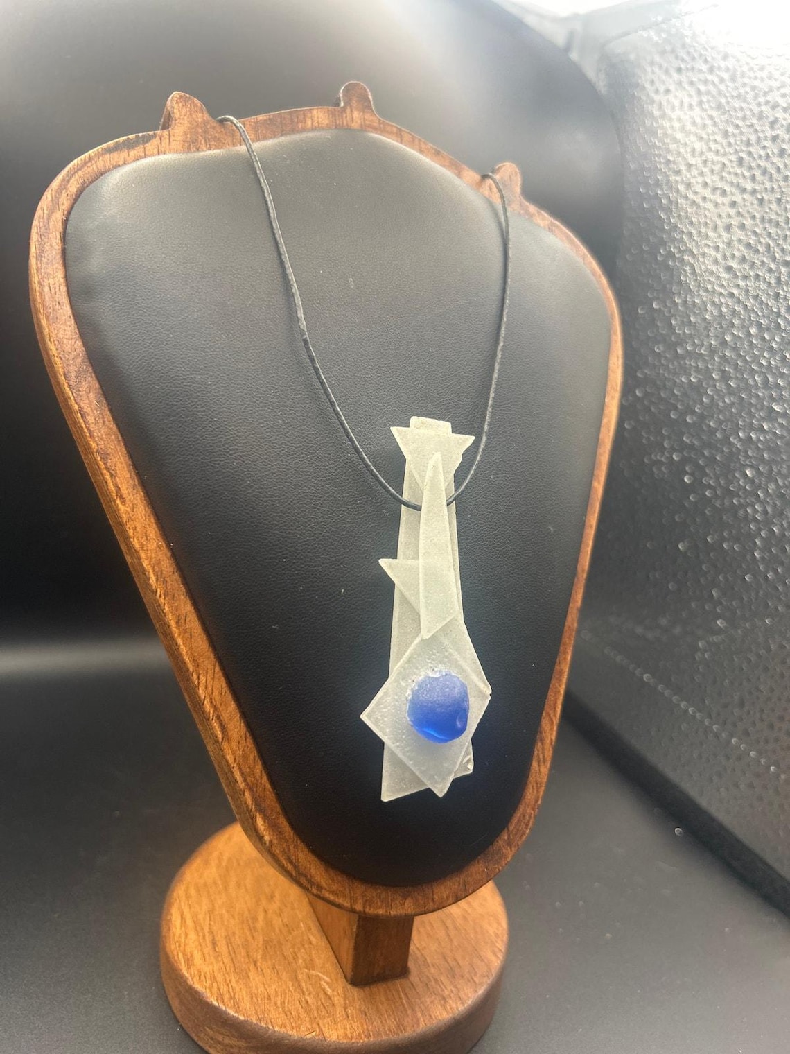 Handmade White Light Blue Fused Art Glass Pendant Cord Necklace Studio, photo 2 of 5