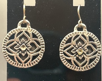 Vintage Silver Tone SE Asian Style Embossed Floral Disc Dangle Earrings