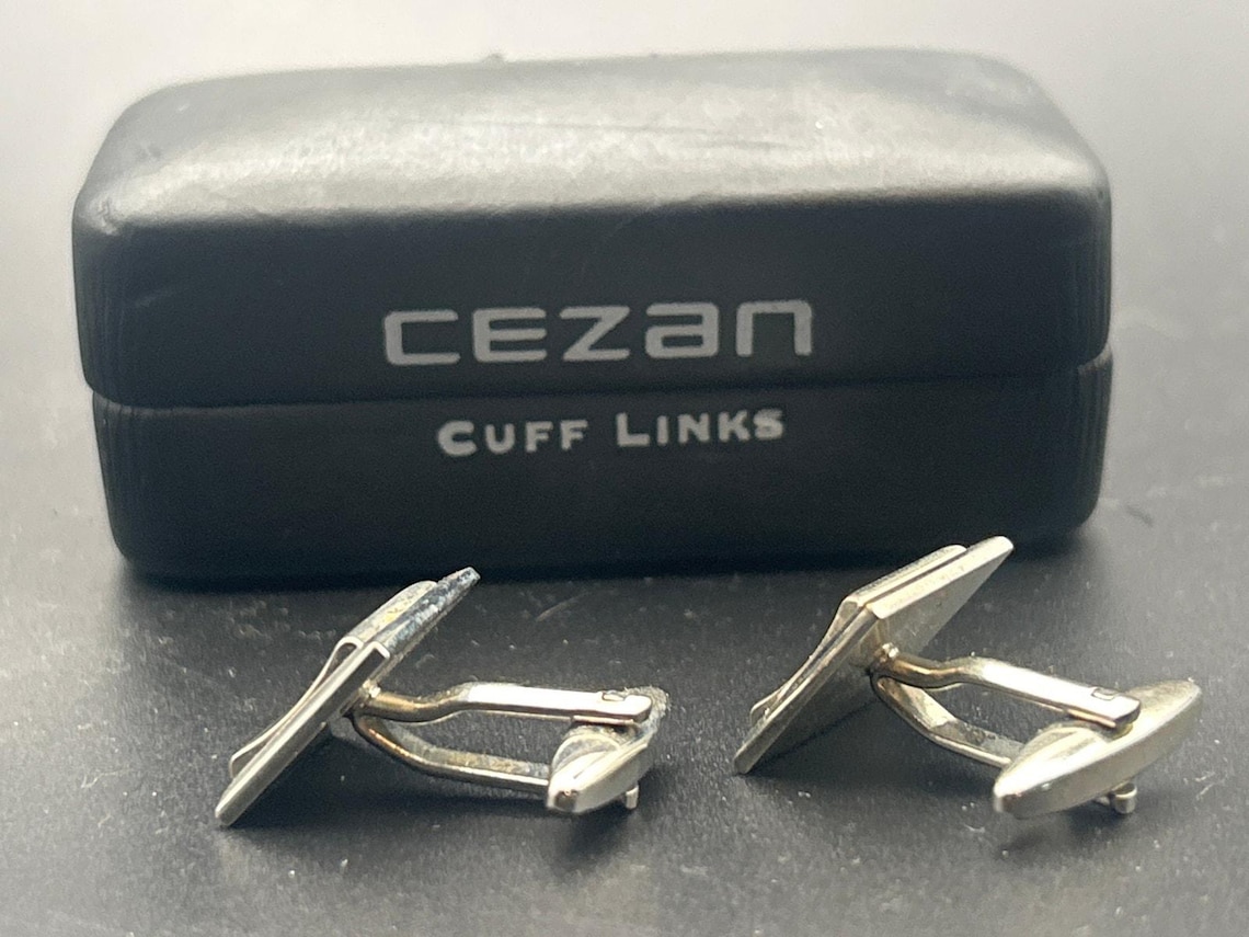 Vintage Cezan Silver Tone Cufflinks | Retro Modernist Bar Geometric Boxed, photo 4 of 5